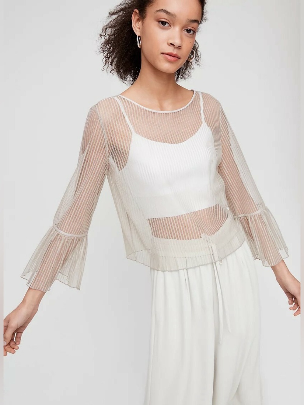 Aritzia Babaton Sheer Striped Bell-Sleeve Blouse - dusty pink
